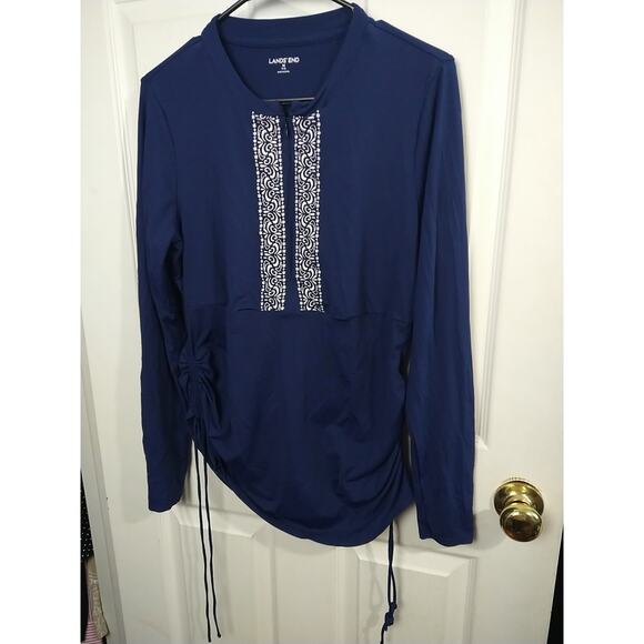 Lands Ends Woman M Swimsuit Coverup Navy Blue Zip White Embroidered Trim Long... - Picture 2 of 10